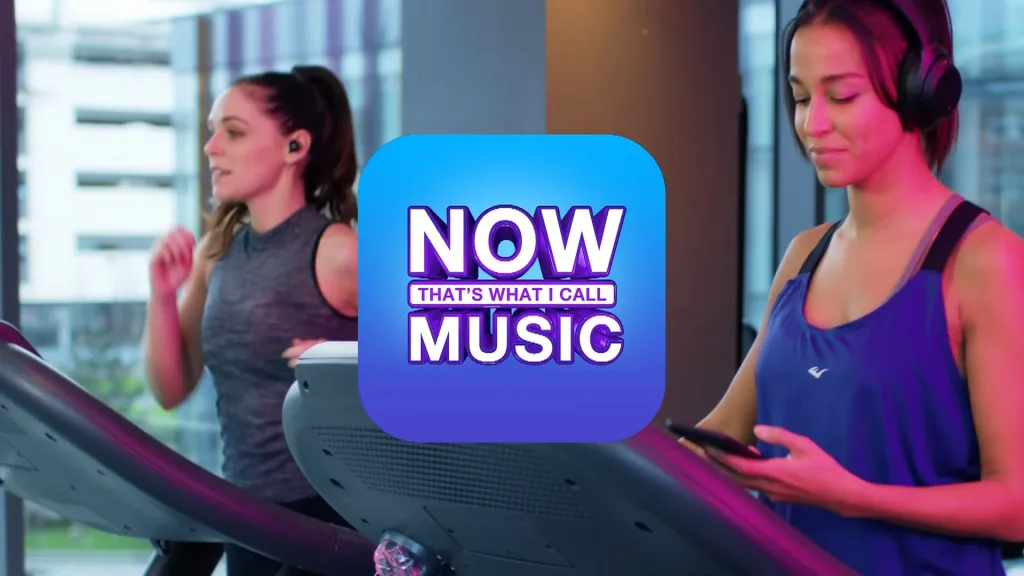 Two women on treadmills with the NOW Music app logo
