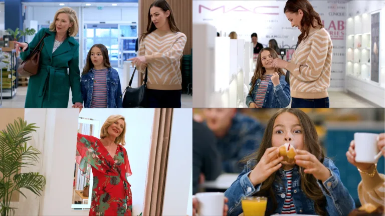 Four frames from the Boundary Outlet campaign: a mother and daughter shopping, at the make-up counter, in a red dress, and eating a doughnut