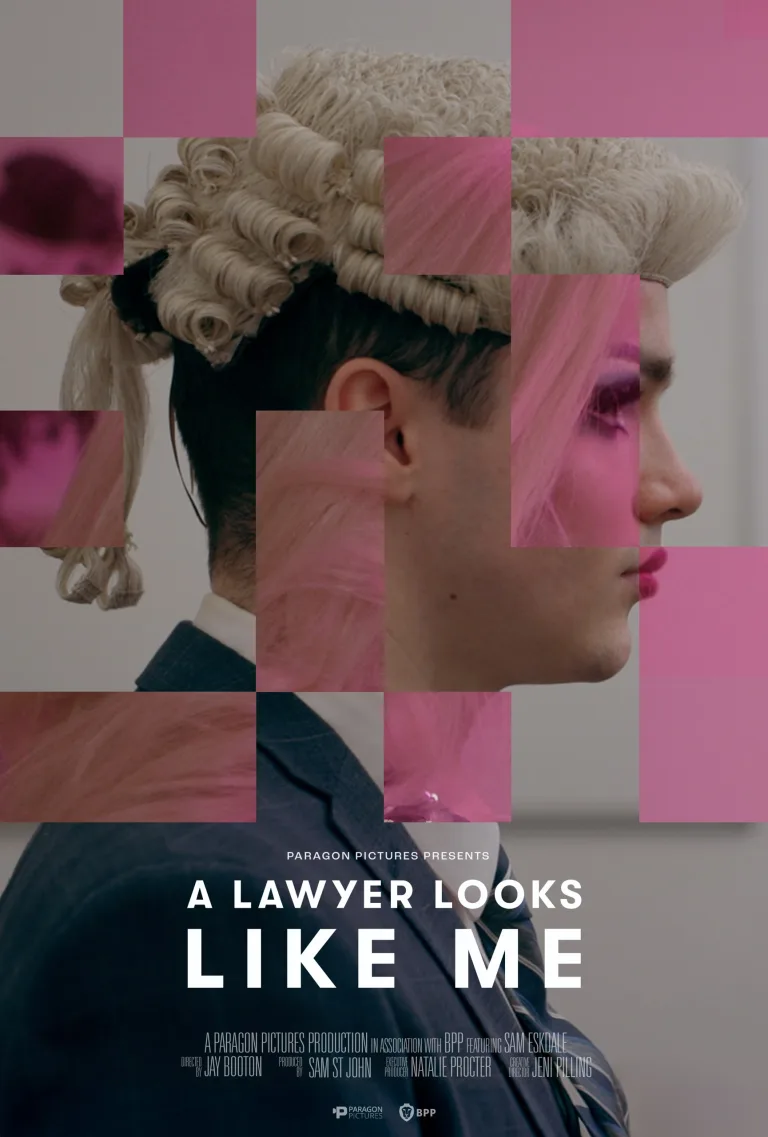 Poster for A Lawyer Looks Like Me: Sam Eskdale in profile wearing a barrister's wig, suit and pink make-up, with the title and credits below